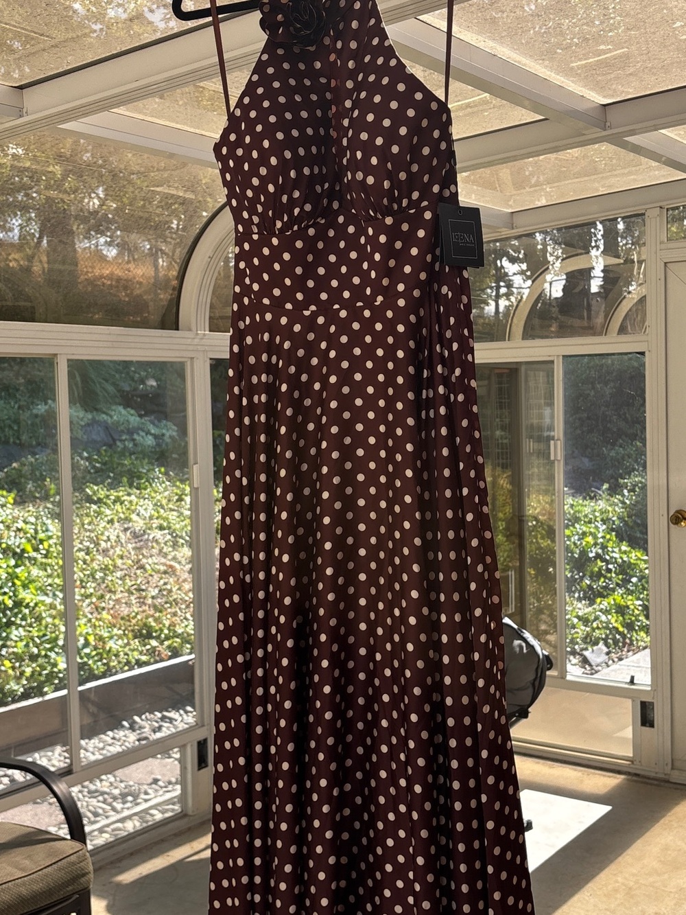 Mac Duggal Brown Halter Polka Dot Maxi Dress NWT - Picture 4 of 6